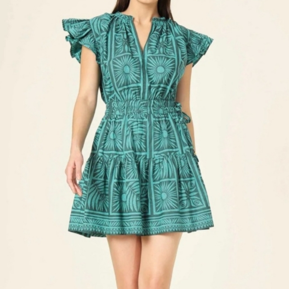 OMIKA Harlow V-Neck Ruffle Sleeve Tiered Elastic Drawstring Waist. M